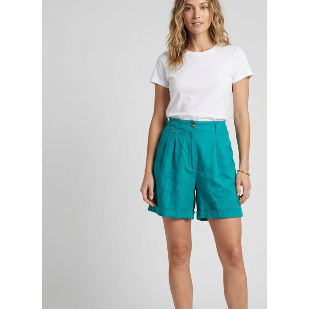 Rafaella Teal Linen Cotton Blend Pleated Rolled Cuff Shorts Size 4‎